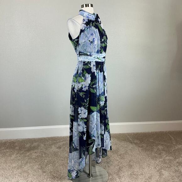 Eliza J Women's Floral Print Chiffon High Low Maxi Dress Blue Size 8 Halter - Picture 2 of 15